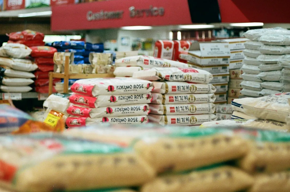 packages of korean rice in a supermarket