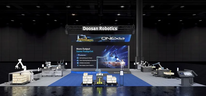 Doosan Robotics showcasing PalletizHD+, an AI-powered palletizing solution, at Automate 2026